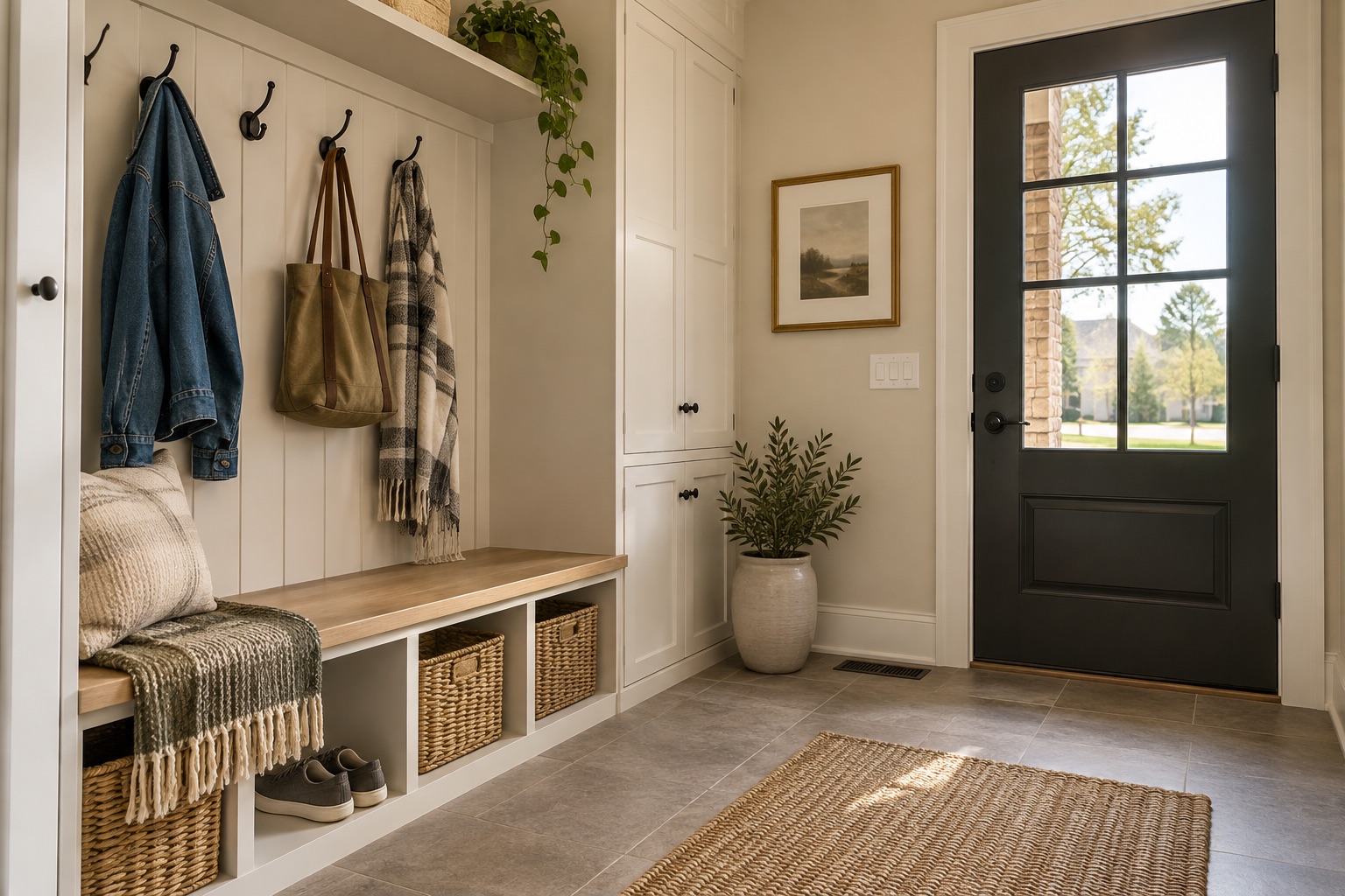 A warm, thoughtfully improved mudroom entry