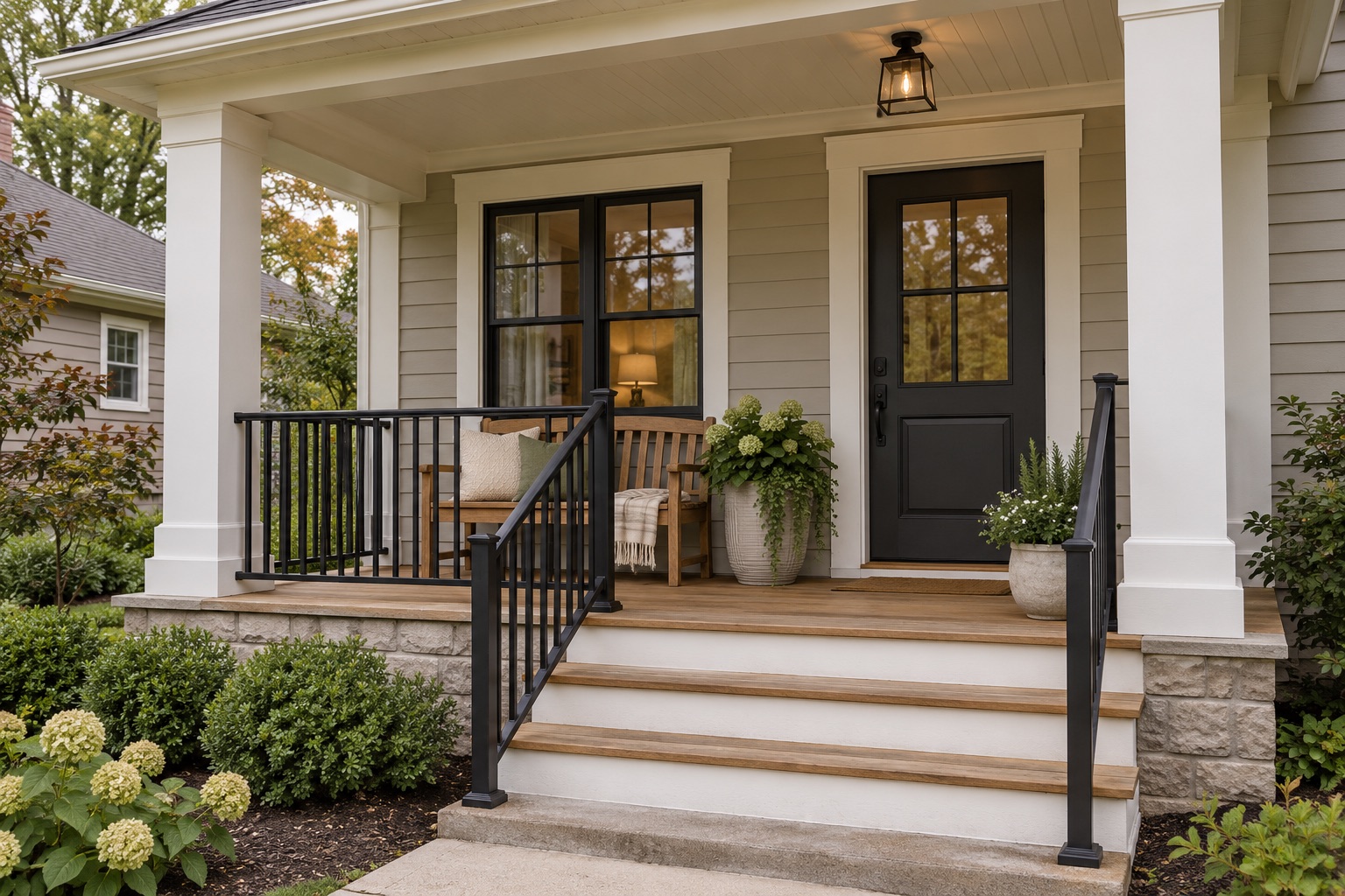 A refreshed front porch with natural wood decking and black railings
