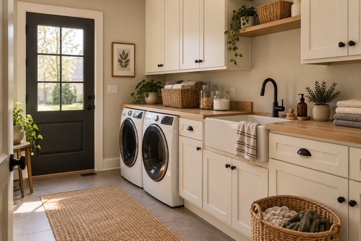 A warm, practical laundry room with updated cabinetry and storage
